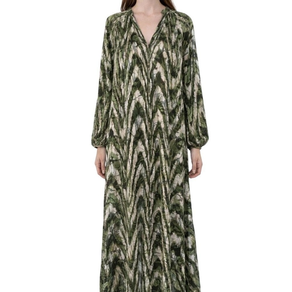 Ciebon Metallic Zig Zag Midi Dress XS Green Camo V-Neck Long Sleeve Boho Shimmer